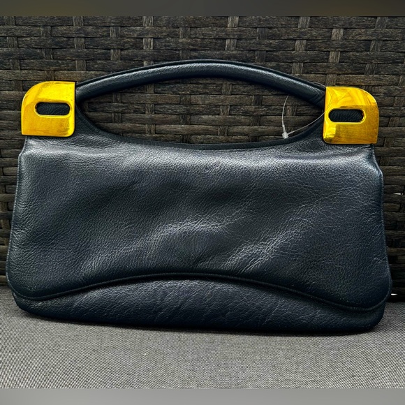 Handbags - Vintage Elegant Navy Blue Leather Handbag with Gold Accents